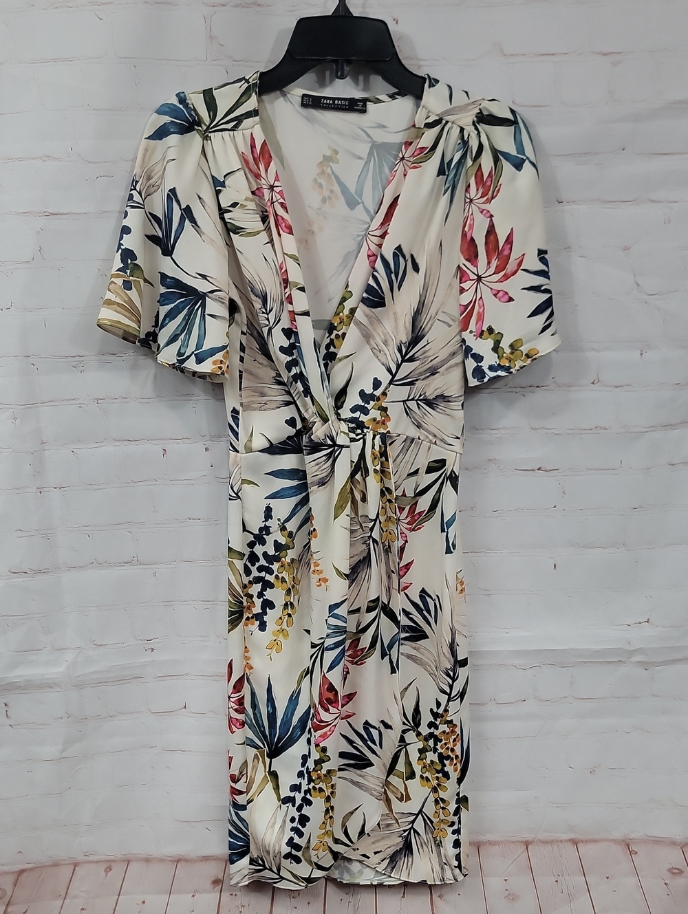 Zara Floral Midi Dress in Cream with Blue and Green Print